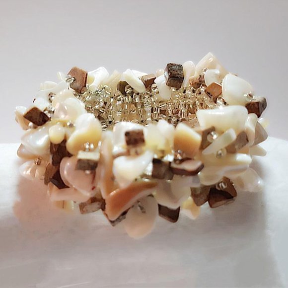 Elastic Bracelet (br10) Handmade Natural Beige Brown Mother of Pearl Shell 7"-8" - Picture 5 of 9